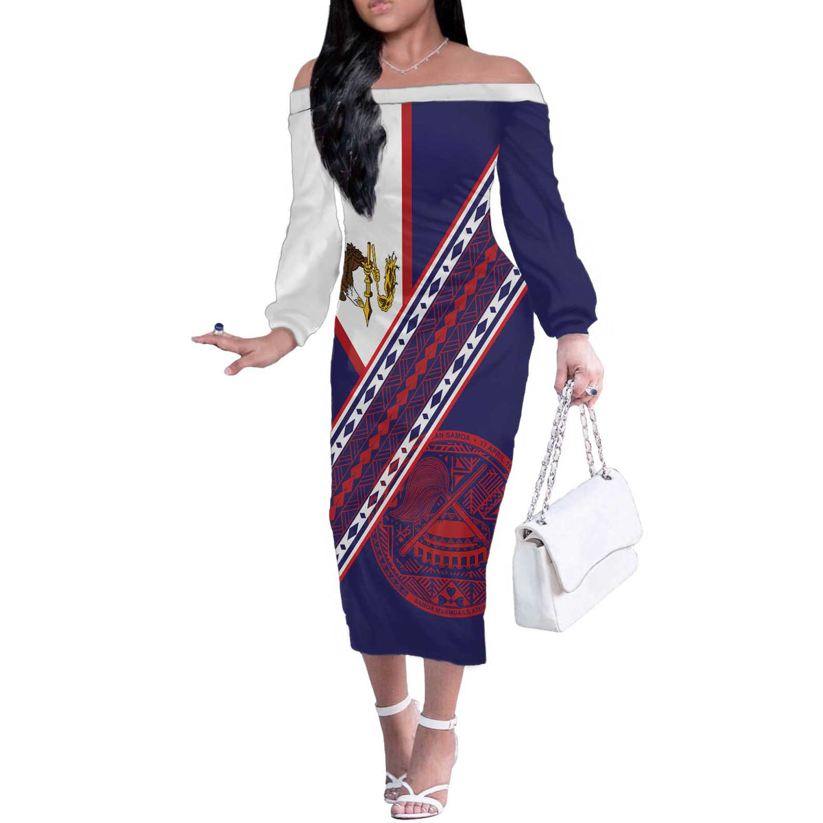 American Samoa Flag Day Off The Shoulder Long Sleeve Dress Polynesian Tribal Tattoo Eagle Art