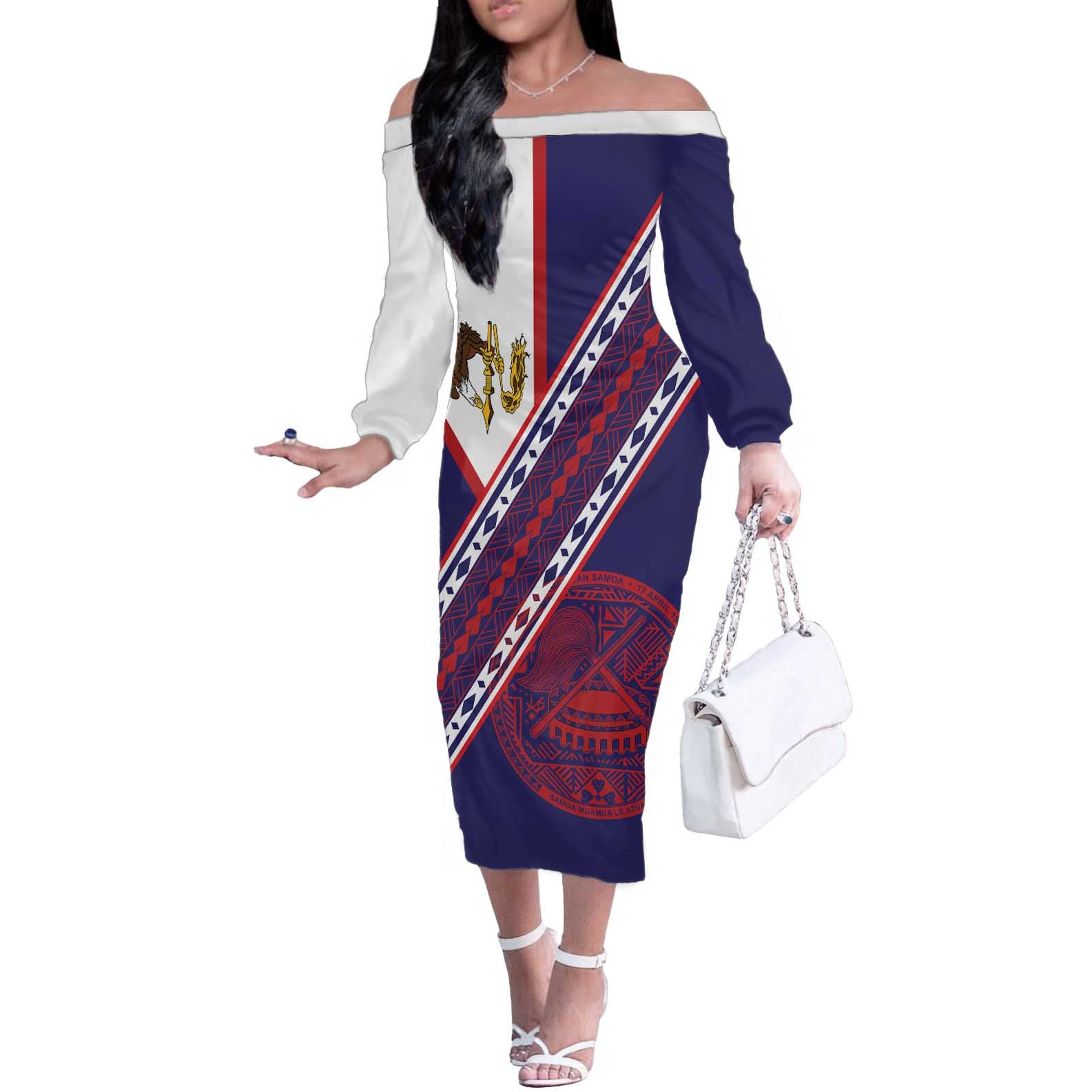 American Samoa Flag Day Off The Shoulder Long Sleeve Dress Polynesian Tribal Tattoo Eagle Art