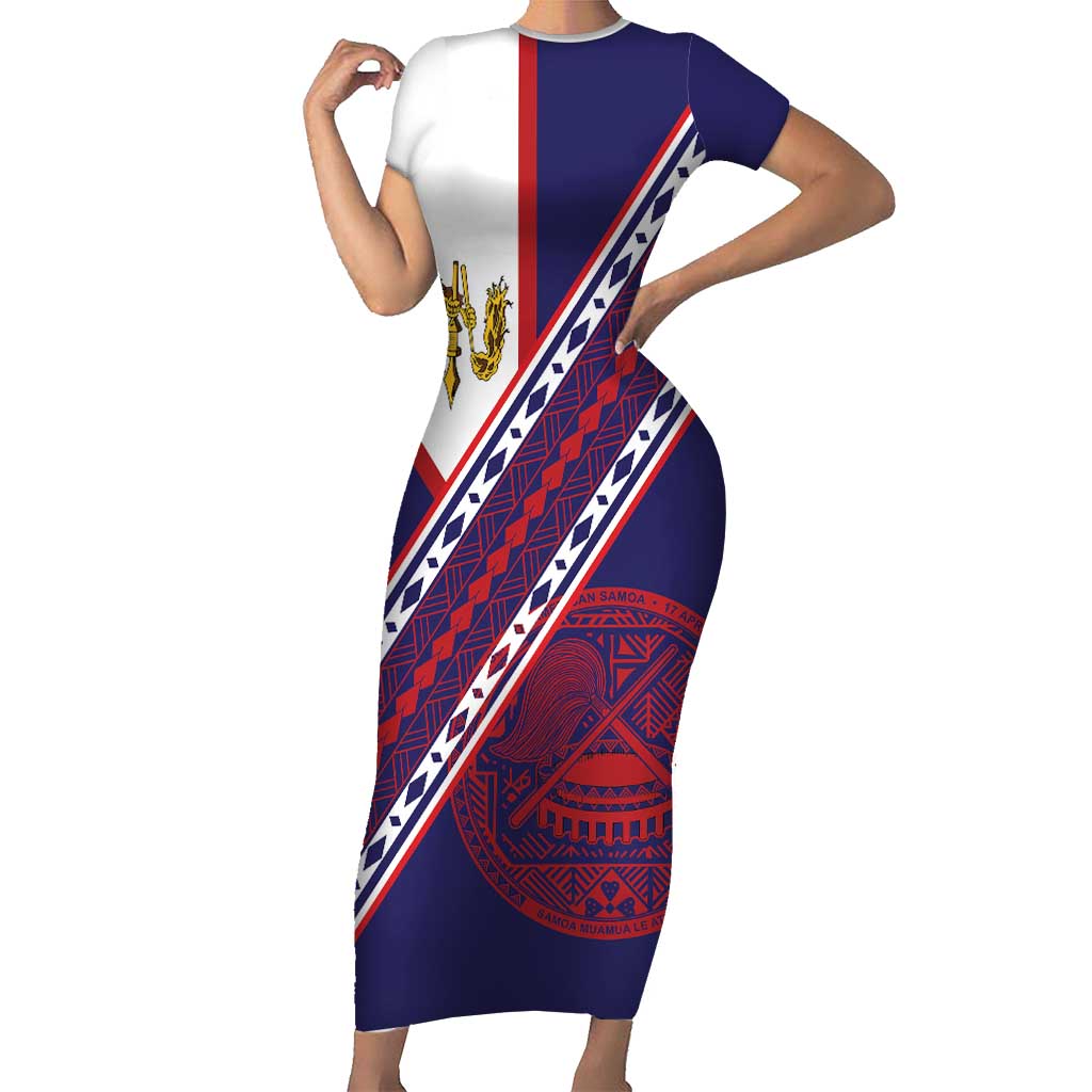 American Samoa Flag Day Short Sleeve Bodycon Dress Polynesian Tribal Tattoo Eagle Art