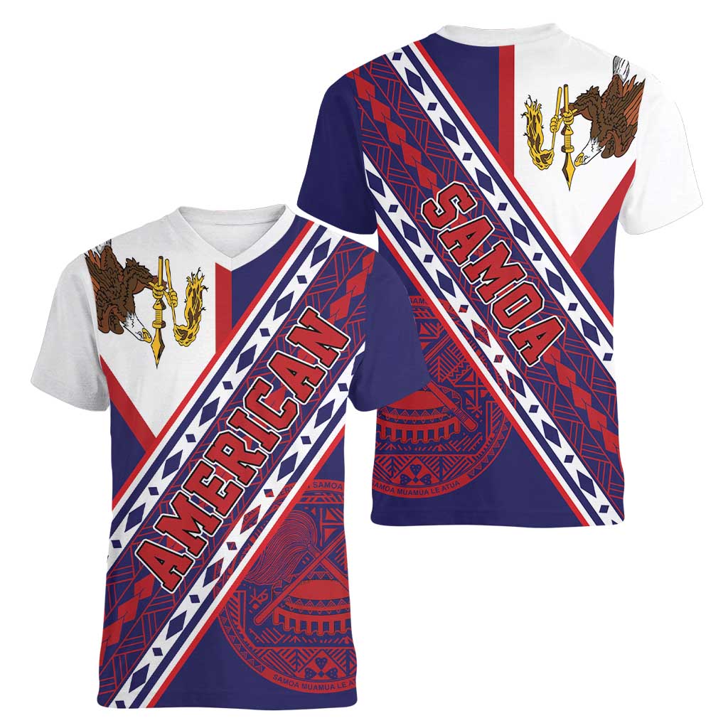 American Samoa Flag Day Women V-Neck T-Shirt Polynesian Tribal Tattoo Eagle Art