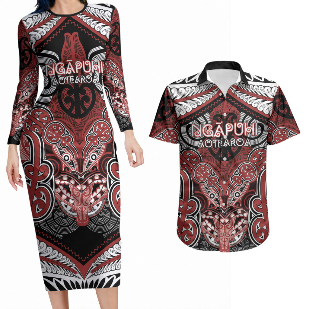 Aotearoa Iwi Ngapuhi Personalised Couples Matching Long Sleeve Bodycon Dress and Hawaiian Shirt Maori Kowhaiwhai Pattern