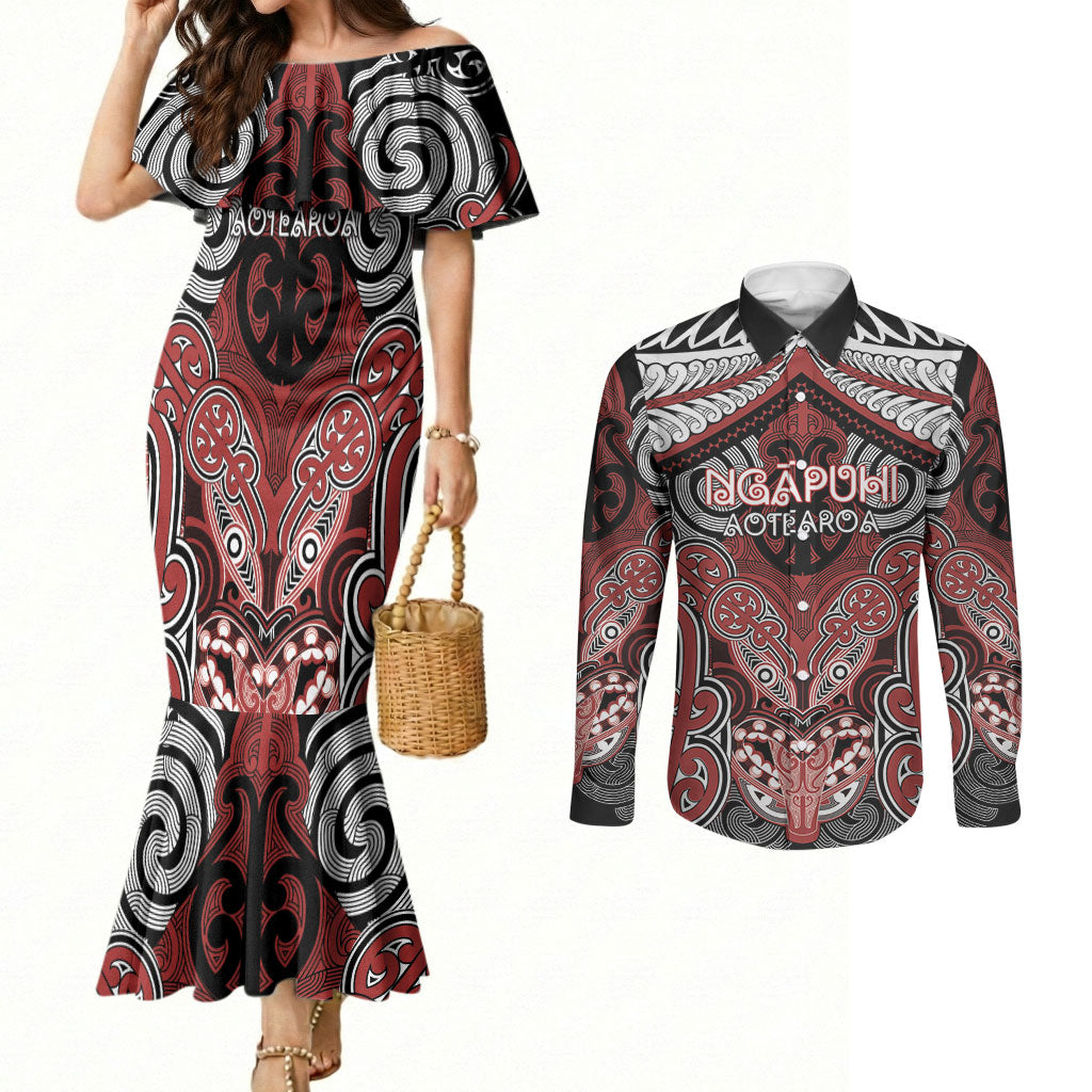 Aotearoa Iwi Ngapuhi Personalised Couples Matching Mermaid Dress and Long Sleeve Button Shirt Maori Kowhaiwhai Pattern