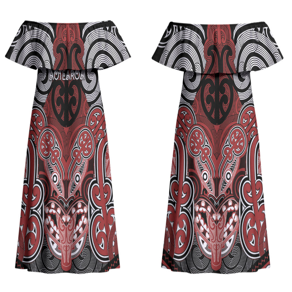 Aotearoa Iwi Ngapuhi Personalised Couples Matching Off Shoulder Maxi Dress and Hawaiian Shirt Maori Kowhaiwhai Pattern