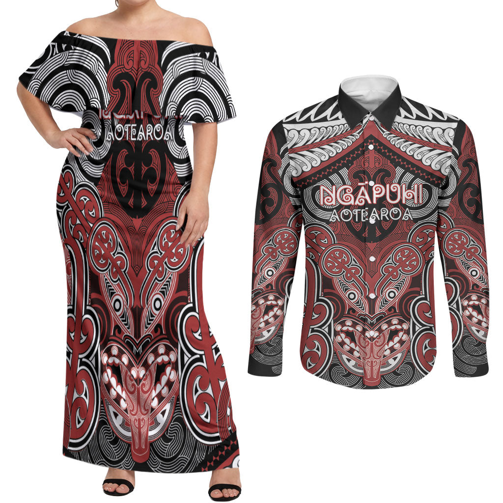 Aotearoa Iwi Ngapuhi Personalised Couples Matching Off Shoulder Maxi Dress and Long Sleeve Button Shirt Maori Kowhaiwhai Pattern