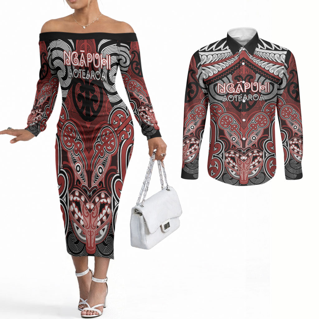 Aotearoa Iwi Ngapuhi Personalised Couples Matching Off The Shoulder Long Sleeve Dress and Long Sleeve Button Shirt Maori Kowhaiwhai Pattern