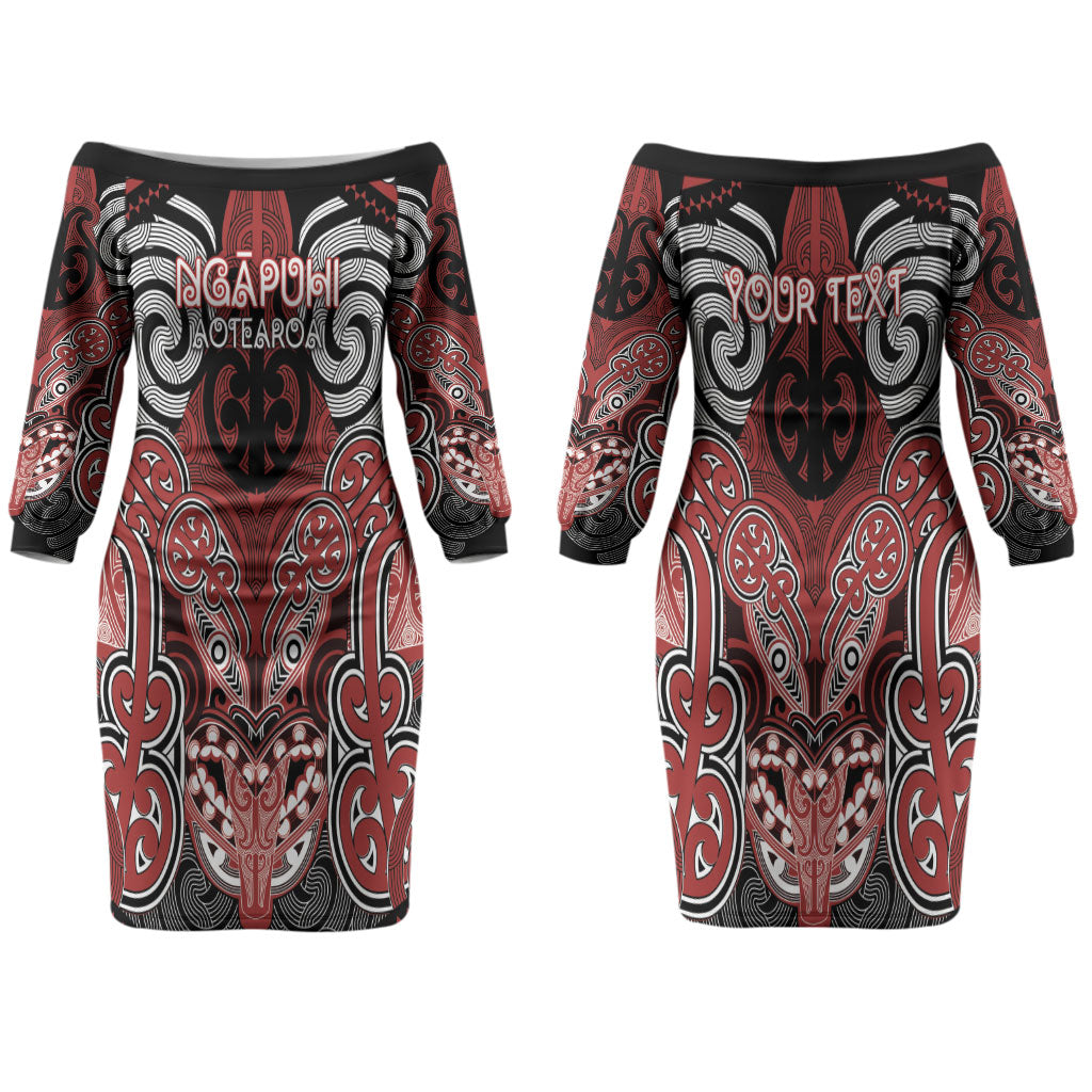 Aotearoa Iwi Ngapuhi Personalised Couples Matching Off The Shoulder Long Sleeve Dress and Long Sleeve Button Shirt Maori Kowhaiwhai Pattern