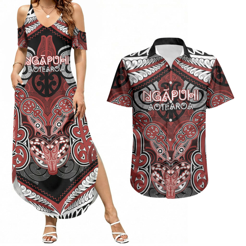 Aotearoa Iwi Ngapuhi Personalised Couples Matching Summer Maxi Dress and Hawaiian Shirt Maori Kowhaiwhai Pattern