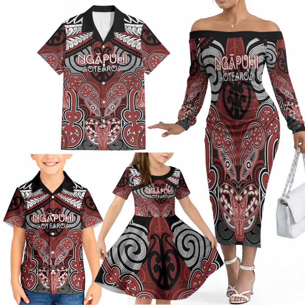Aotearoa Iwi Ngapuhi Personalised Family Matching Off The Shoulder Long Sleeve Dress and Hawaiian Shirt Maori Kowhaiwhai Pattern