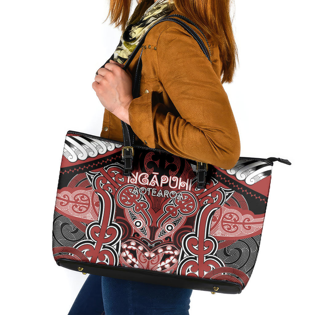 Aotearoa Iwi Ngapuhi Leather Tote Bag Maori Kowhaiwhai Pattern