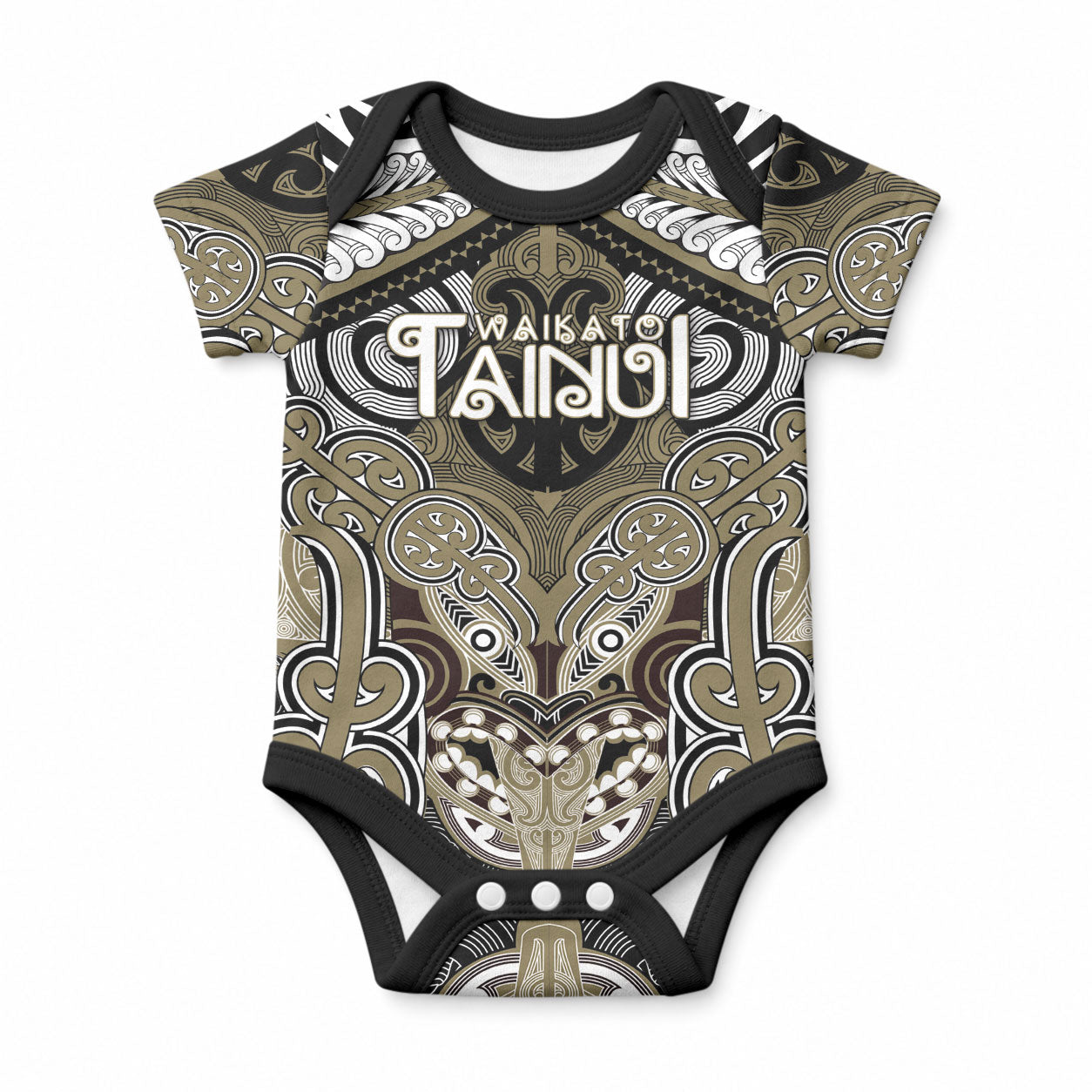 Aotearoa Iwi Waikato Tainui Personalised Baby Onesie Maori Kowhaiwhai Pattern LT19 Dark Yellow - Polynesian Pride