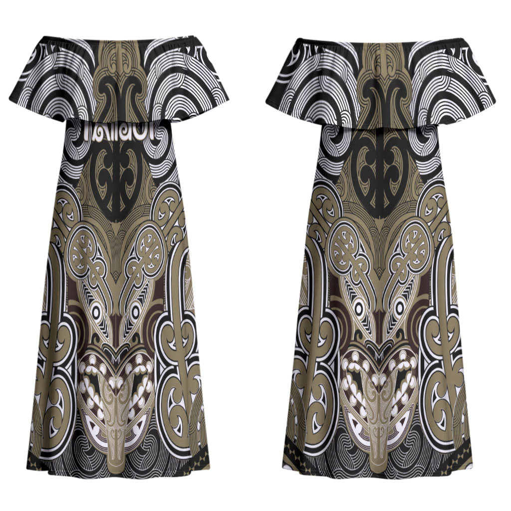 Aotearoa Iwi Waikato Tainui Personalised Couples Matching Off Shoulder Maxi Dress and Hawaiian Shirt Maori Kowhaiwhai Pattern