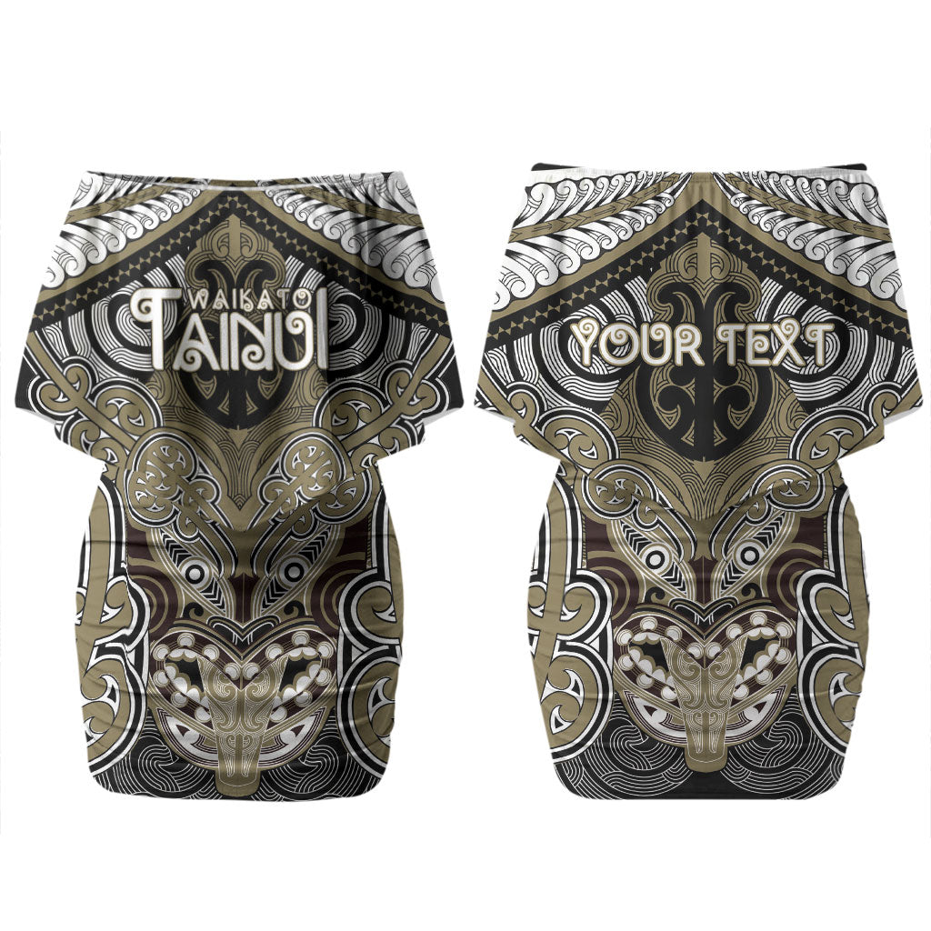 Aotearoa Iwi Waikato Tainui Personalised Couples Matching Off Shoulder Short Dress and Hawaiian Shirt Maori Kowhaiwhai Pattern