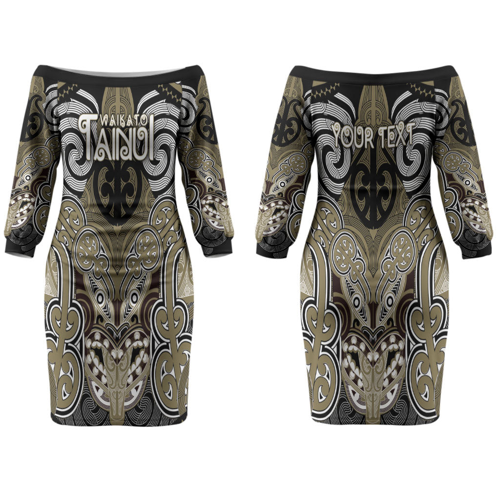 Aotearoa Iwi Waikato Tainui Personalised Couples Matching Off The Shoulder Long Sleeve Dress and Hawaiian Shirt Maori Kowhaiwhai Pattern