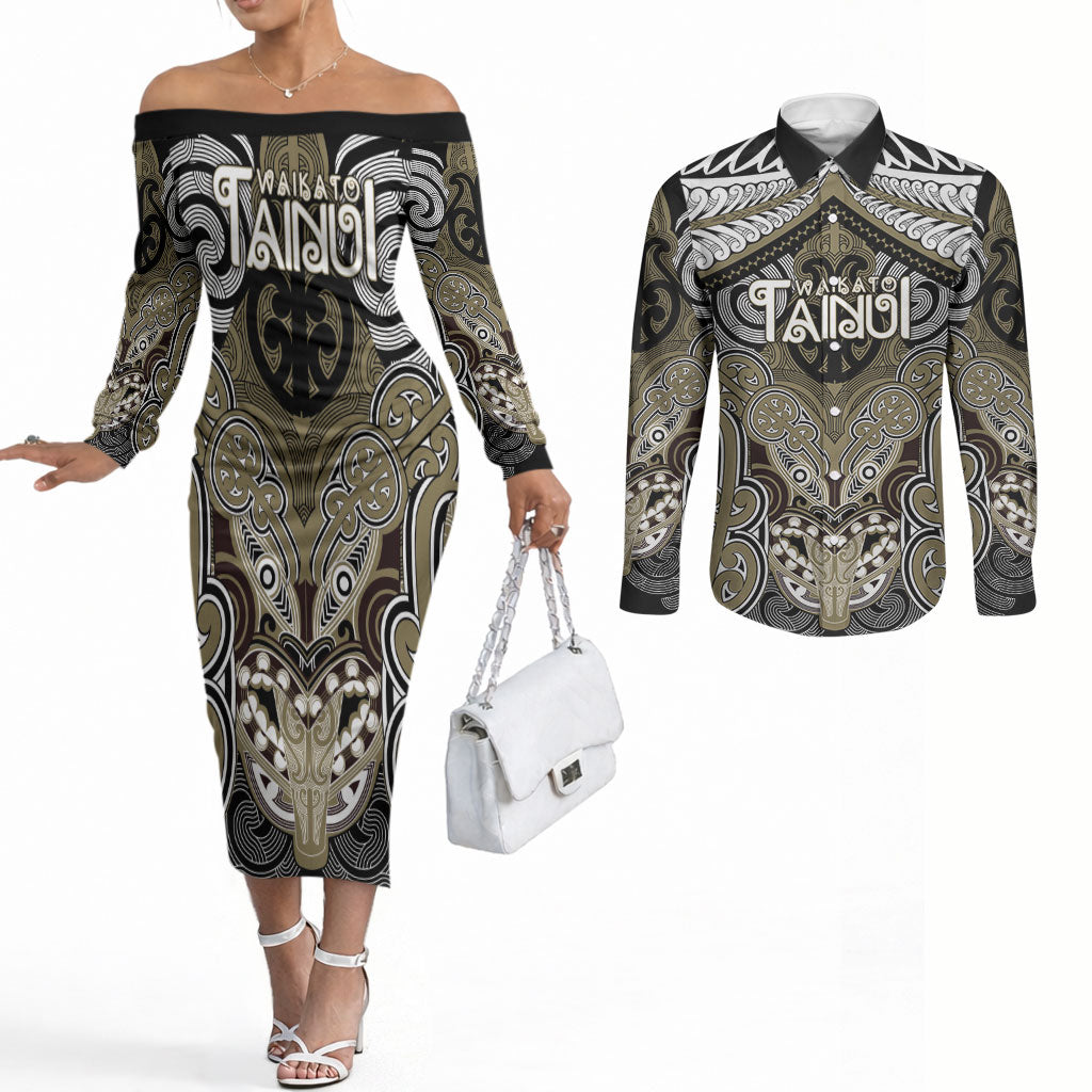 Aotearoa Iwi Waikato Tainui Personalised Couples Matching Off The Shoulder Long Sleeve Dress and Long Sleeve Button Shirt Maori Kowhaiwhai Pattern