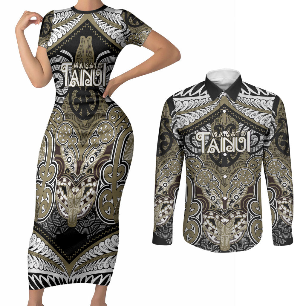 Aotearoa Iwi Waikato Tainui Personalised Couples Matching Short Sleeve Bodycon Dress and Long Sleeve Button Shirt Maori Kowhaiwhai Pattern