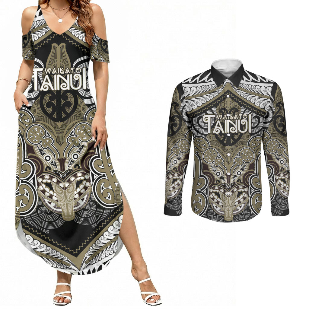 Aotearoa Iwi Waikato Tainui Personalised Couples Matching Summer Maxi Dress and Long Sleeve Button Shirt Maori Kowhaiwhai Pattern