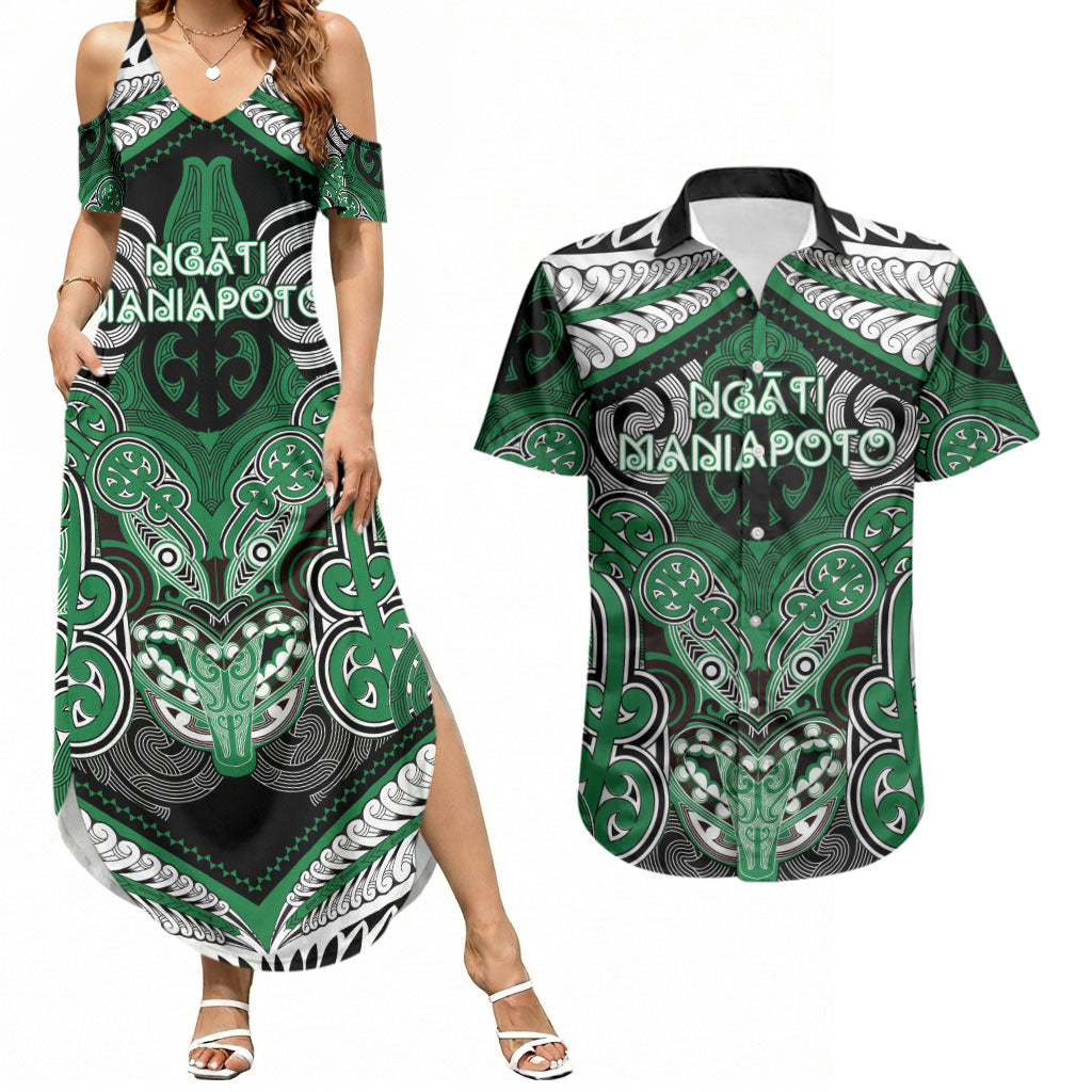 Aotearoa Iwi Ngati Maniapoto Personalised Couples Matching Summer Maxi Dress and Hawaiian Shirt Maori Kowhaiwhai Pattern