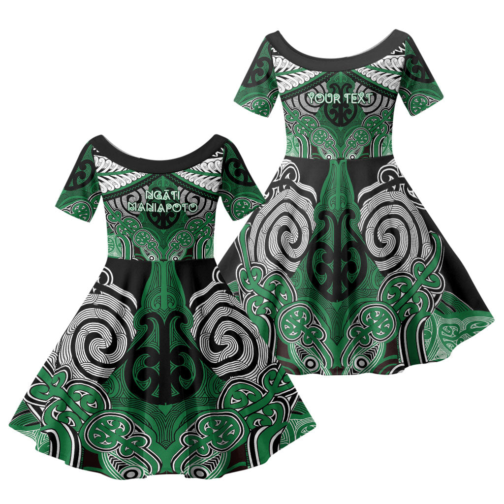 Aotearoa Iwi Ngati Maniapoto Personalised Family Matching Off The Shoulder Long Sleeve Dress and Hawaiian Shirt Maori Kowhaiwhai Pattern