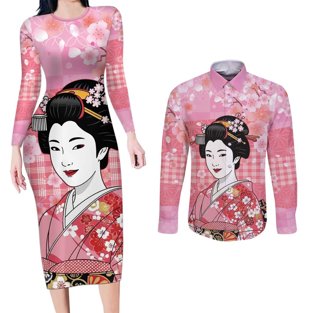 Japanese Geisha Cherry Blossom Couples Matching Long Sleeve Bodycon Dress and Long Sleeve Button Shirt Pink Palaka Hawaii Pattern Fusion Design