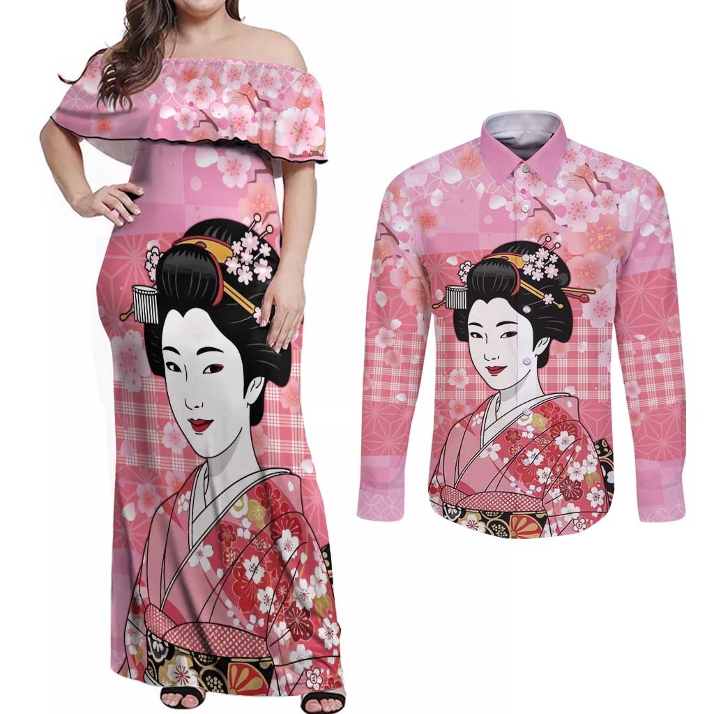 Japanese Geisha Cherry Blossom Couples Matching Off Shoulder Maxi Dress and Long Sleeve Button Shirt Pink Palaka Hawaii Pattern Fusion Design