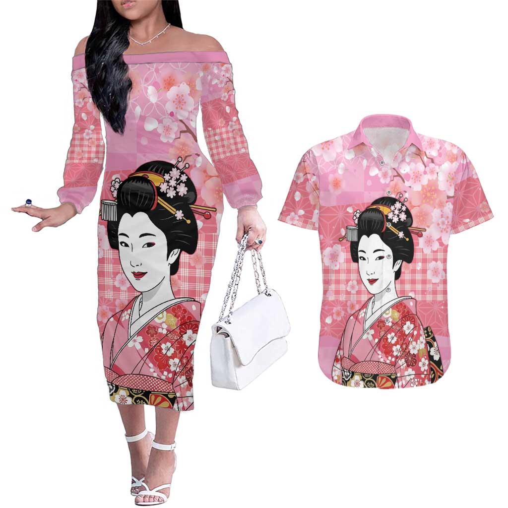 Japanese Geisha Cherry Blossom Couples Matching Off The Shoulder Long Sleeve Dress and Hawaiian Shirt Pink Palaka Hawaii Pattern Fusion Design