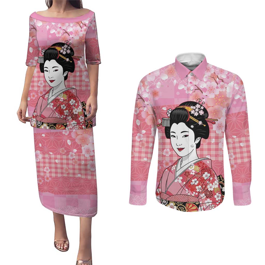 Japanese Geisha Cherry Blossom Couples Matching Puletasi and Long Sleeve Button Shirt Pink Palaka Hawaii Pattern Fusion Design