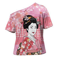 Japanese Geisha Cherry Blossom Cross Shoulder Shirt Pink Palaka Hawaii Pattern Fusion Design