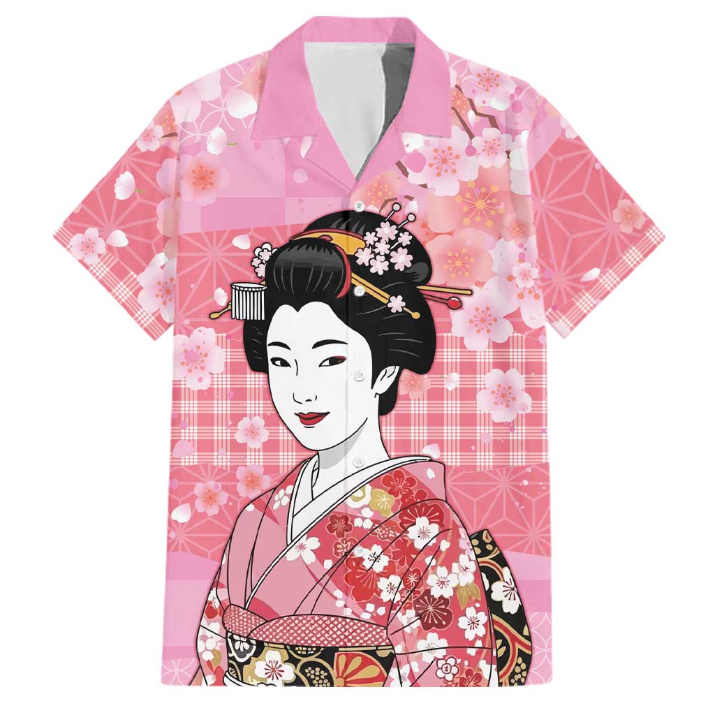 Japanese Geisha Cherry Blossom Family Matching Off Shoulder Maxi Dress and Hawaiian Shirt Pink Palaka Hawaii Pattern Fusion Design LT19 Dad's Shirt - Short Sleeve Pink - Polynesian Pride