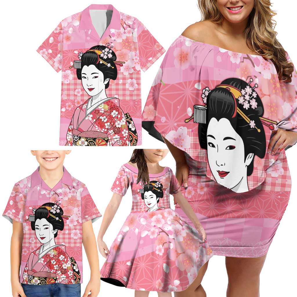 Japanese Geisha Cherry Blossom Family Matching Off Shoulder Short Dress and Hawaiian Shirt Pink Palaka Hawaii Pattern Fusion Design LT19 - Polynesian Pride