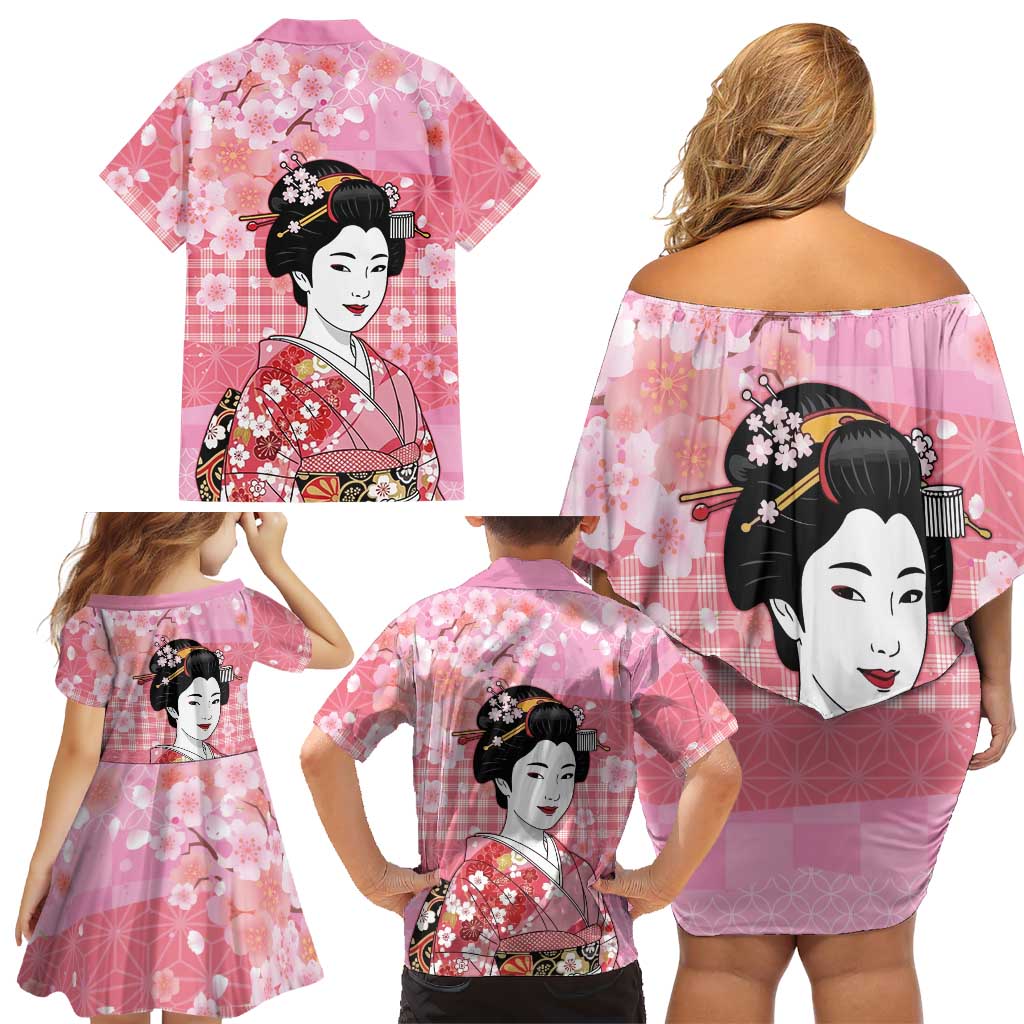Japanese Geisha Cherry Blossom Family Matching Off Shoulder Short Dress and Hawaiian Shirt Pink Palaka Hawaii Pattern Fusion Design LT19 - Polynesian Pride