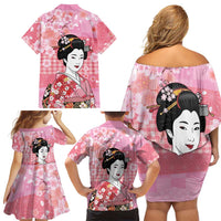 Japanese Geisha Cherry Blossom Family Matching Off Shoulder Short Dress and Hawaiian Shirt Pink Palaka Hawaii Pattern Fusion Design LT19 - Polynesian Pride