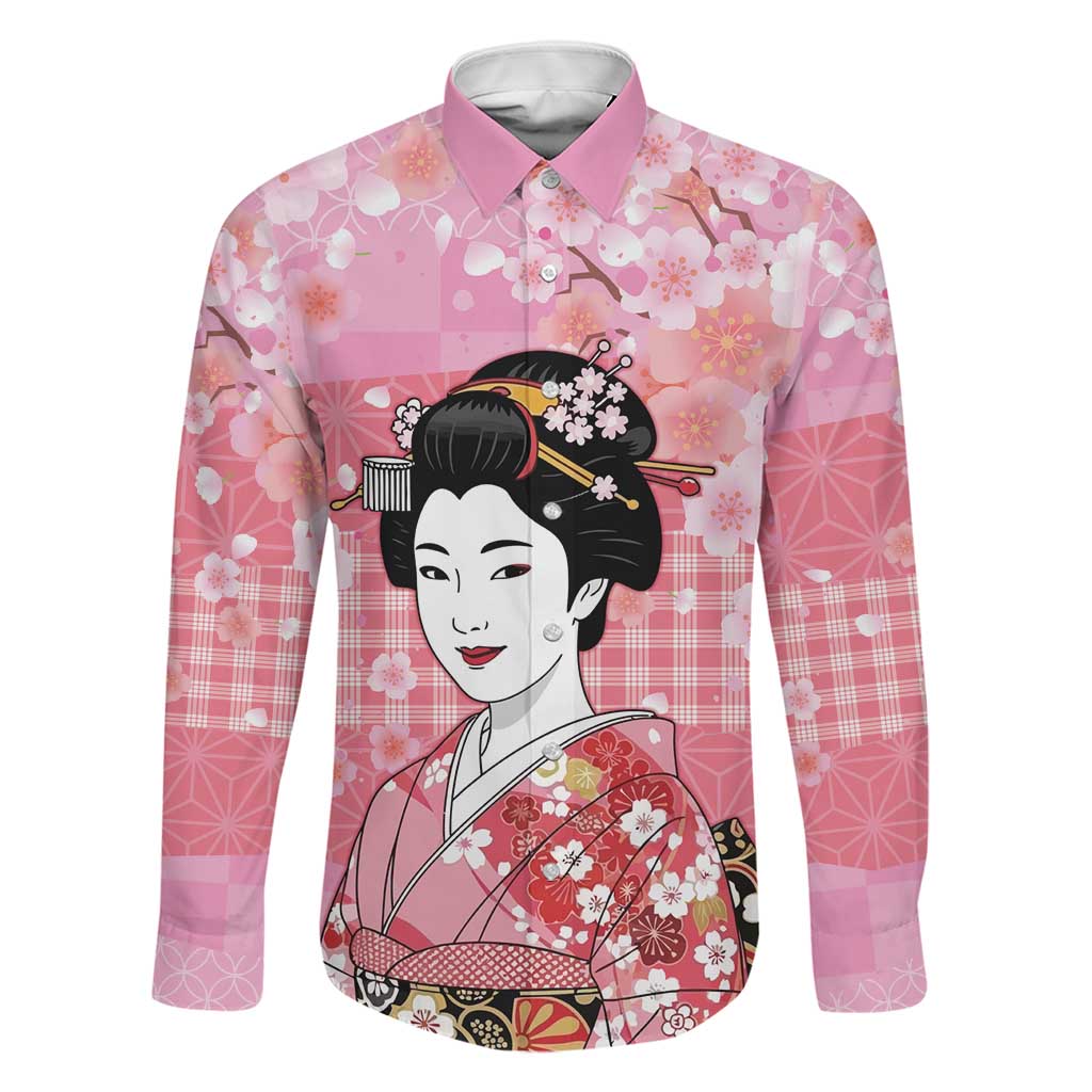 Japanese Geisha Cherry Blossom Family Matching Off Shoulder Short Dress and Hawaiian Shirt Pink Palaka Hawaii Pattern Fusion Design LT19 Dad's Shirt - Long Sleeve Pink - Polynesian Pride