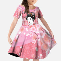 Japanese Geisha Cherry Blossom Family Matching Puletasi and Hawaiian Shirt Pink Palaka Hawaii Pattern Fusion Design LT19 Daughter's Dress Pink - Polynesian Pride