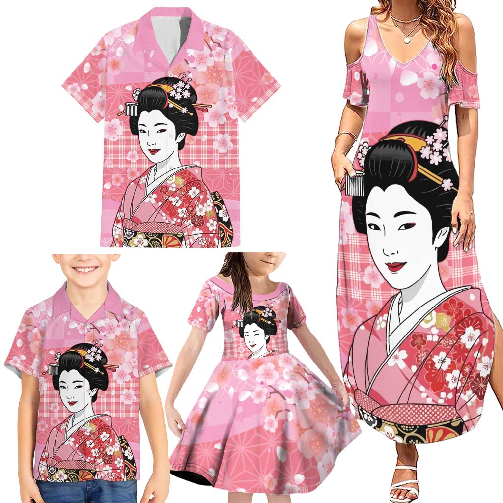 Japanese Geisha Cherry Blossom Family Matching Summer Maxi Dress and Hawaiian Shirt Pink Palaka Hawaii Pattern Fusion Design