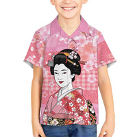 Japanese Geisha Cherry Blossom Family Matching Summer Maxi Dress and Hawaiian Shirt Pink Palaka Hawaii Pattern Fusion Design LT19 Son's Shirt Pink - Polynesian Pride
