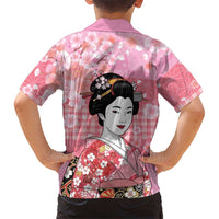 Japanese Geisha Cherry Blossom Family Matching Tank Maxi Dress and Hawaiian Shirt Pink Palaka Hawaii Pattern Fusion Design LT19 - Polynesian Pride