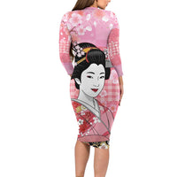 Japanese Geisha Cherry Blossom Long Sleeve Bodycon Dress Pink Palaka Hawaii Pattern Fusion Design