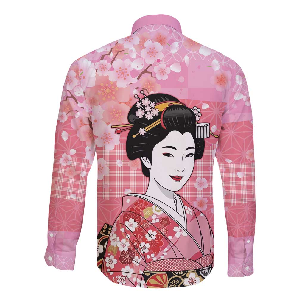 Japanese Geisha Cherry Blossom Long Sleeve Button Shirt Pink Palaka Hawaii Pattern Fusion Design
