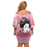 Japanese Geisha Cherry Blossom Off Shoulder Short Dress Pink Palaka Hawaii Pattern Fusion Design LT19 - Polynesian Pride