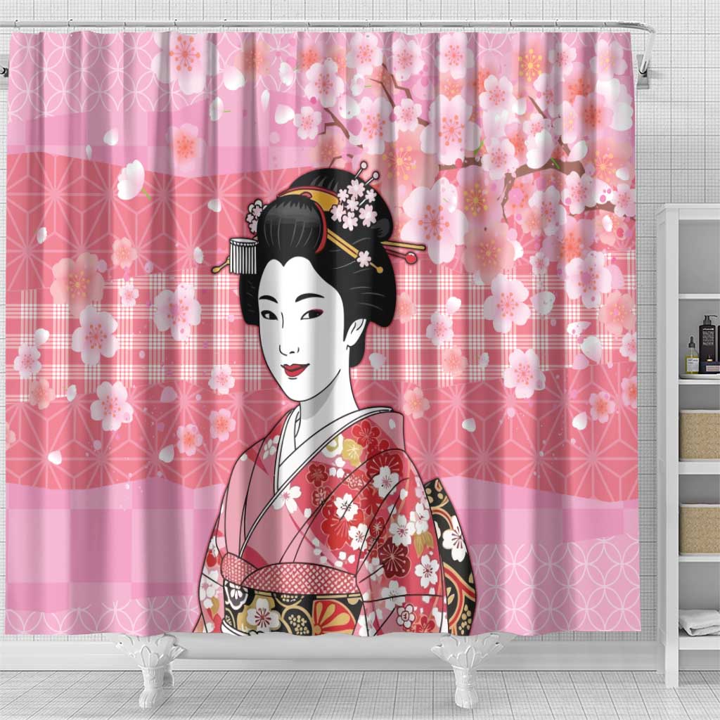 Japanese Geisha Cherry Blossom Shower Curtain Pink Palaka Hawaii Pattern Fusion Design