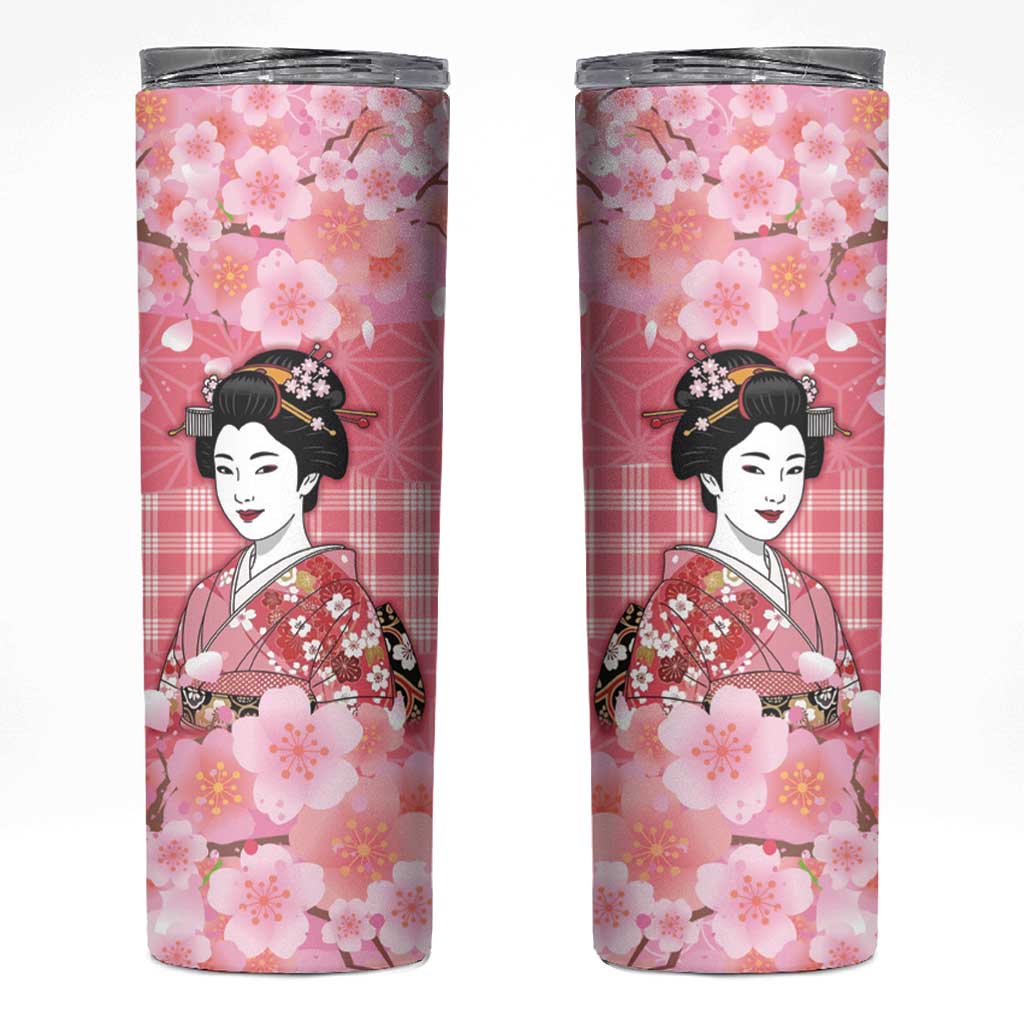 Japanese Geisha Cherry Blossom Skinny Tumbler Pink Palaka Hawaii Pattern Fusion Design