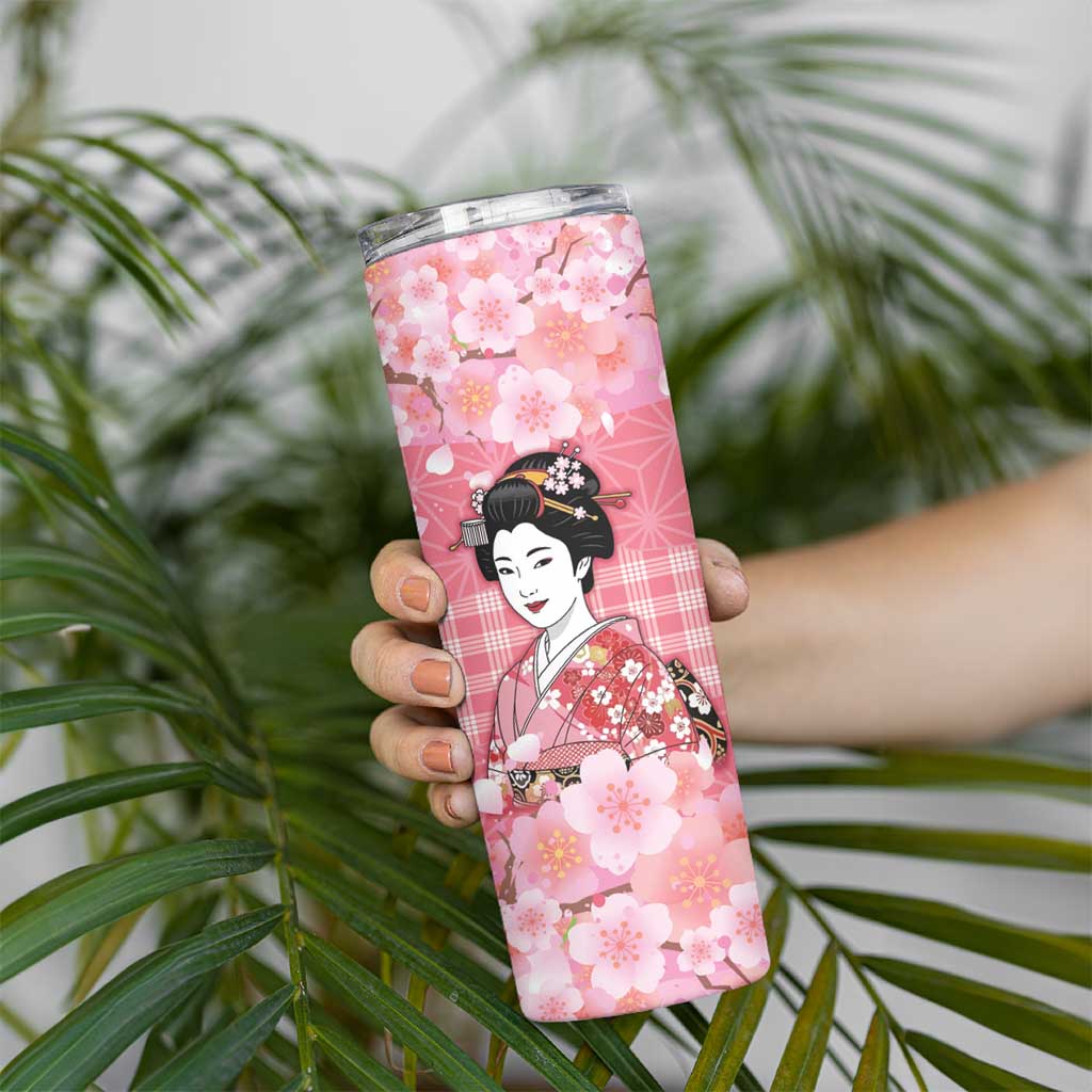 Japanese Geisha Cherry Blossom Skinny Tumbler Pink Palaka Hawaii Pattern Fusion Design