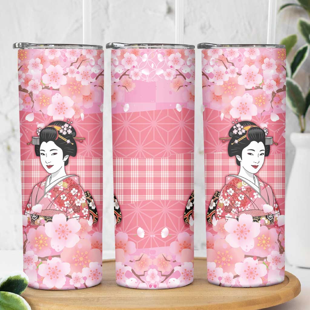 Japanese Geisha Cherry Blossom Skinny Tumbler Pink Palaka Hawaii Pattern Fusion Design
