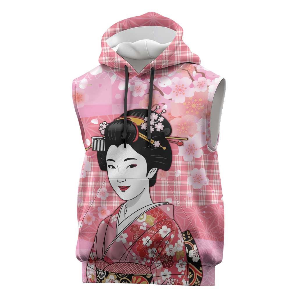 Japanese Geisha Cherry Blossom Sleeveless Hoodie Pink Palaka Hawaii Pattern Fusion Design