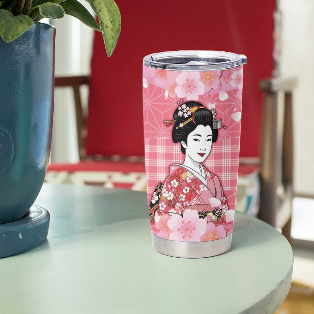 Japanese Geisha Cherry Blossom Tumbler Cup Pink Palaka Hawaii Pattern Fusion Design LT19 - Polynesian Pride