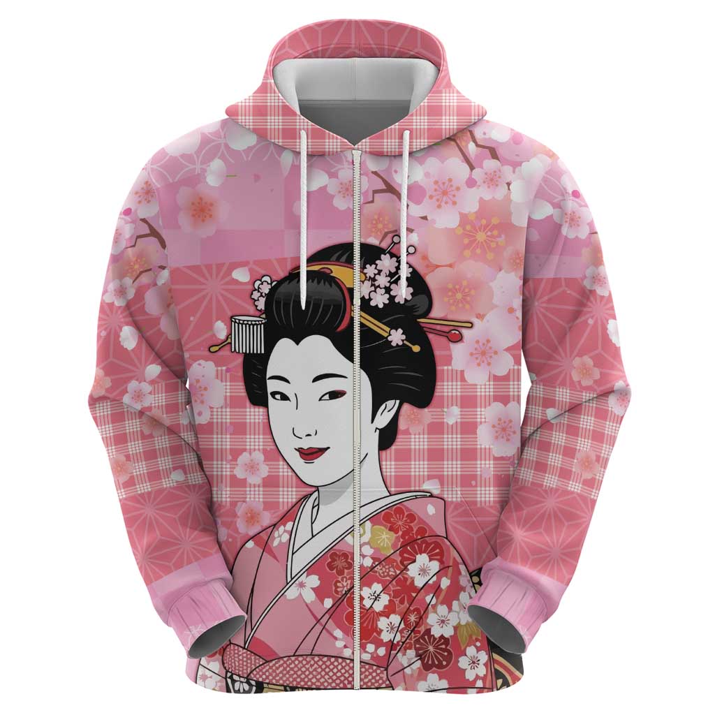 Japanese Geisha Cherry Blossom Zip Hoodie Pink Palaka Hawaii Pattern Fusion Design LT19 - Polynesian Pride