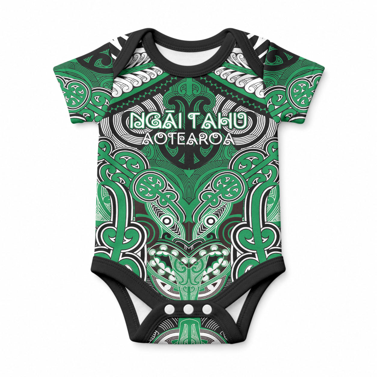 Aotearoa Iwi Ngai Tahu Personalised Baby Onesie Maori Kowhaiwhai Pattern LT19 Green - Polynesian Pride