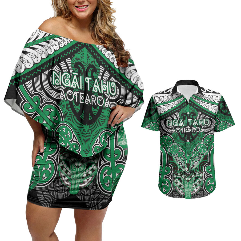 Aotearoa Iwi Ngai Tahu Personalised Couples Matching Off Shoulder Short Dress and Hawaiian Shirt Maori Kowhaiwhai Pattern