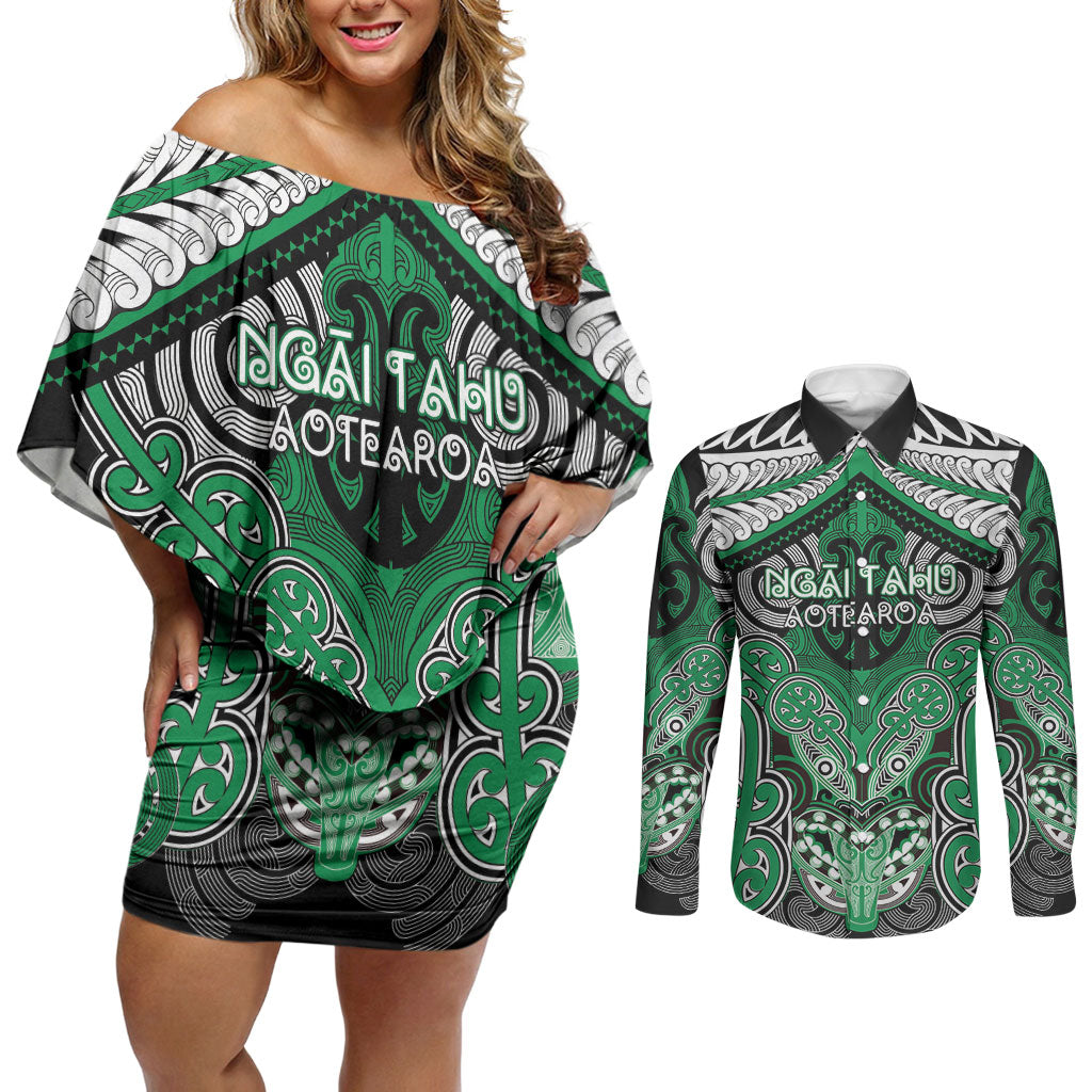 Aotearoa Iwi Ngai Tahu Personalised Couples Matching Off Shoulder Short Dress and Long Sleeve Button Shirt Maori Kowhaiwhai Pattern