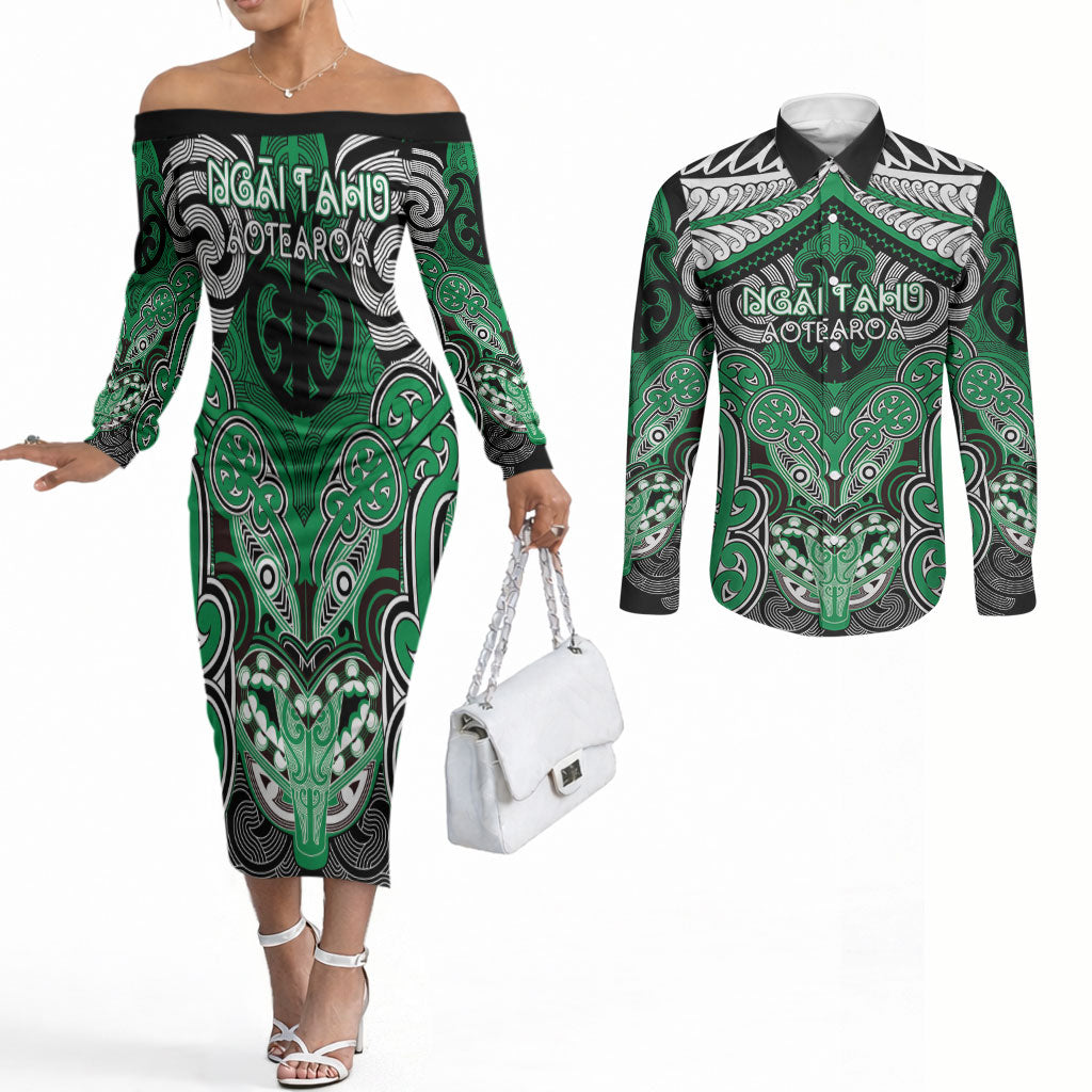 Aotearoa Iwi Ngai Tahu Personalised Couples Matching Off The Shoulder Long Sleeve Dress and Long Sleeve Button Shirt Maori Kowhaiwhai Pattern